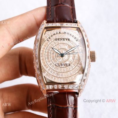 Swiss Copy Franck Muller Geneve Cintree Curvex Iced Out Watch TWF V2 version Rose Gold